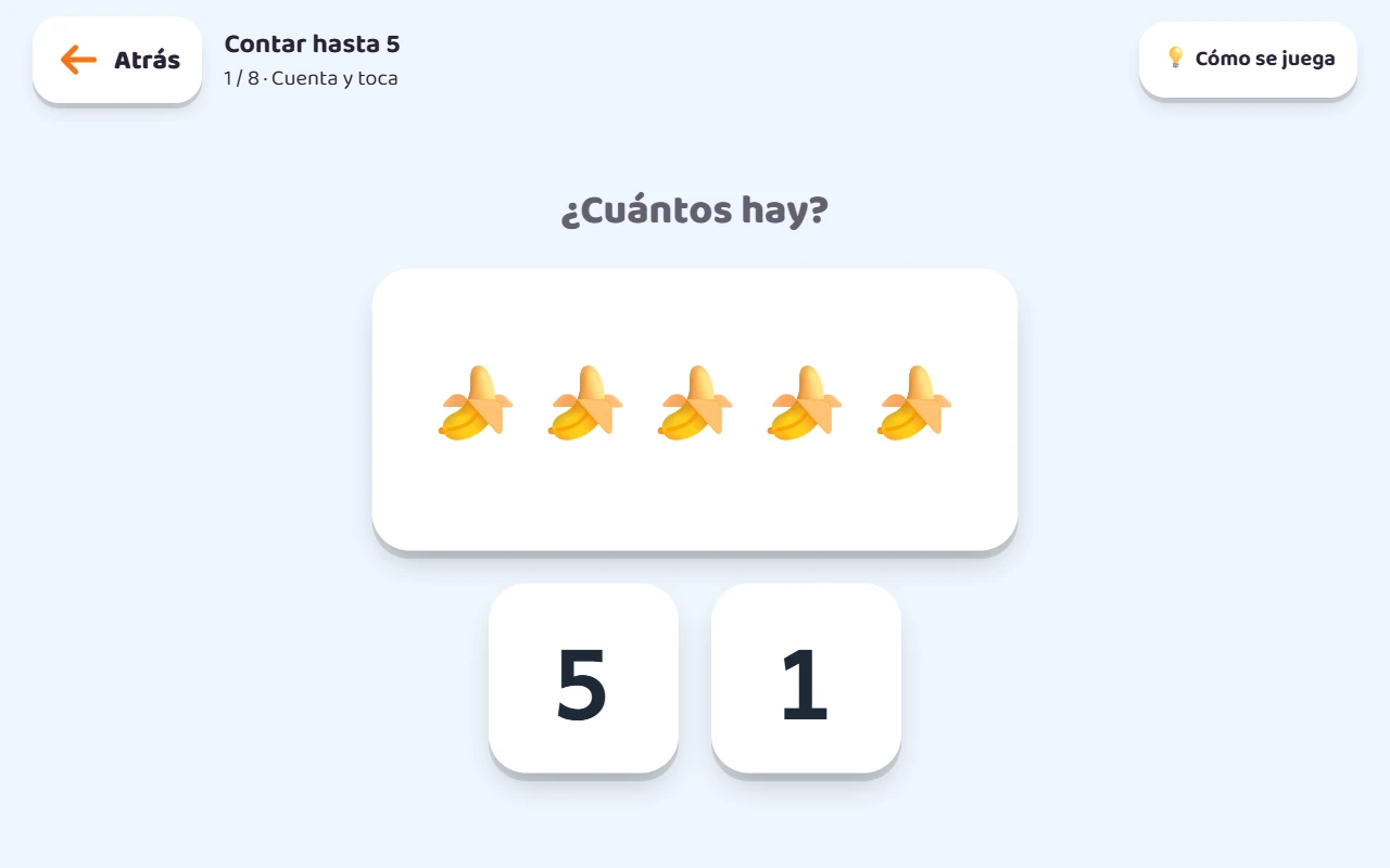 Pantalla real de KIBU: la actividad pregunta cuántos plátanos hay y ofrece dos cifras para elegir.