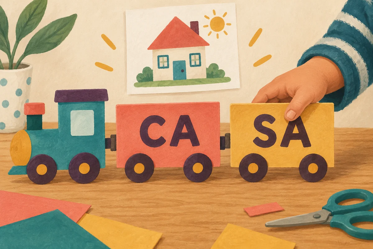 Dos vagones, dos sílabas: CA y SA se unen para formar CASA.