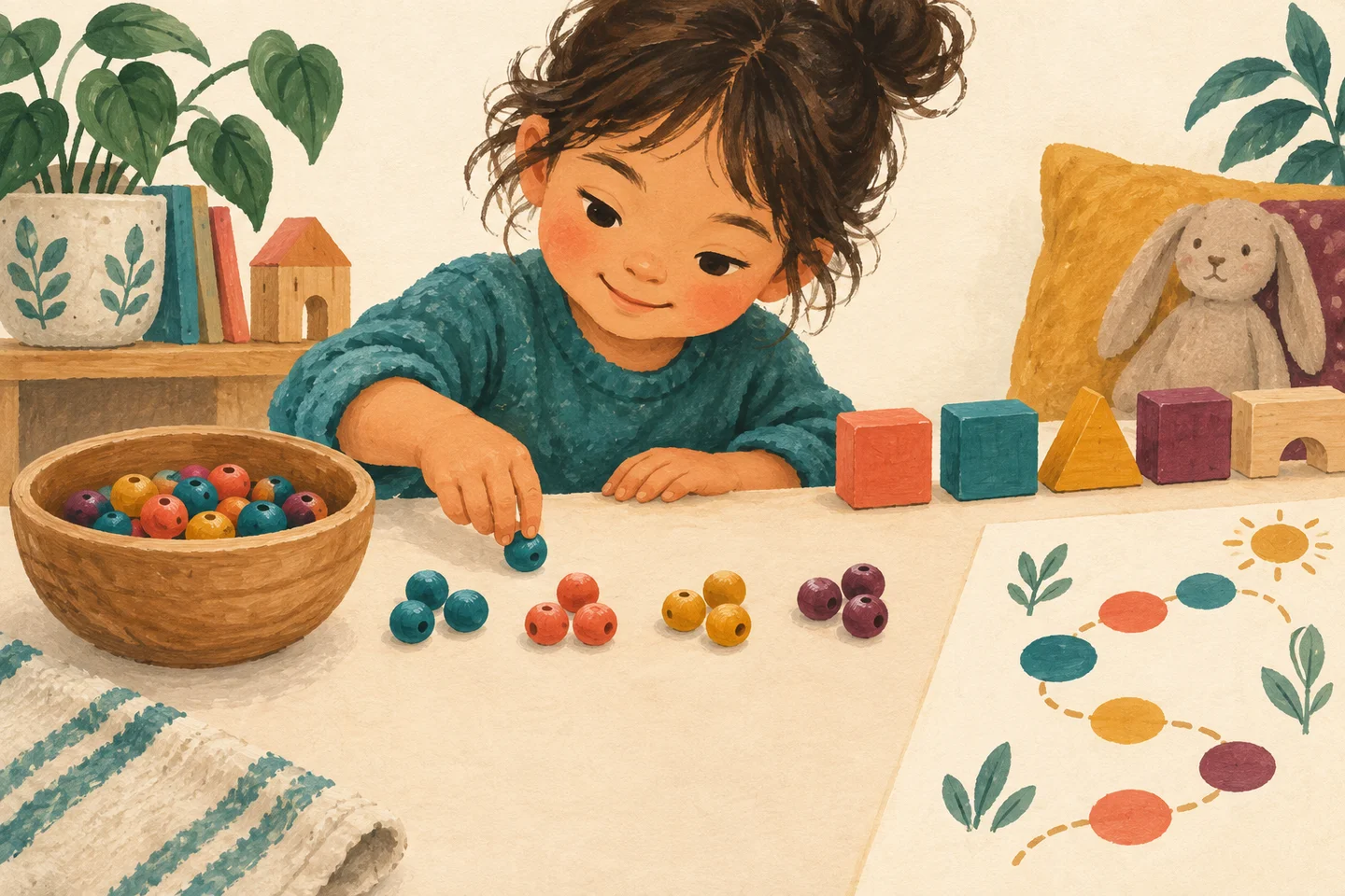 Manos agrupando piezas de colores para explorar cantidades.