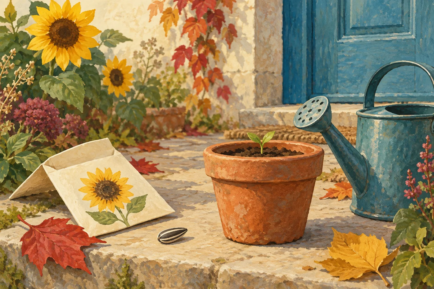 Una semilla de girasol y un brote junto a una puerta azul.