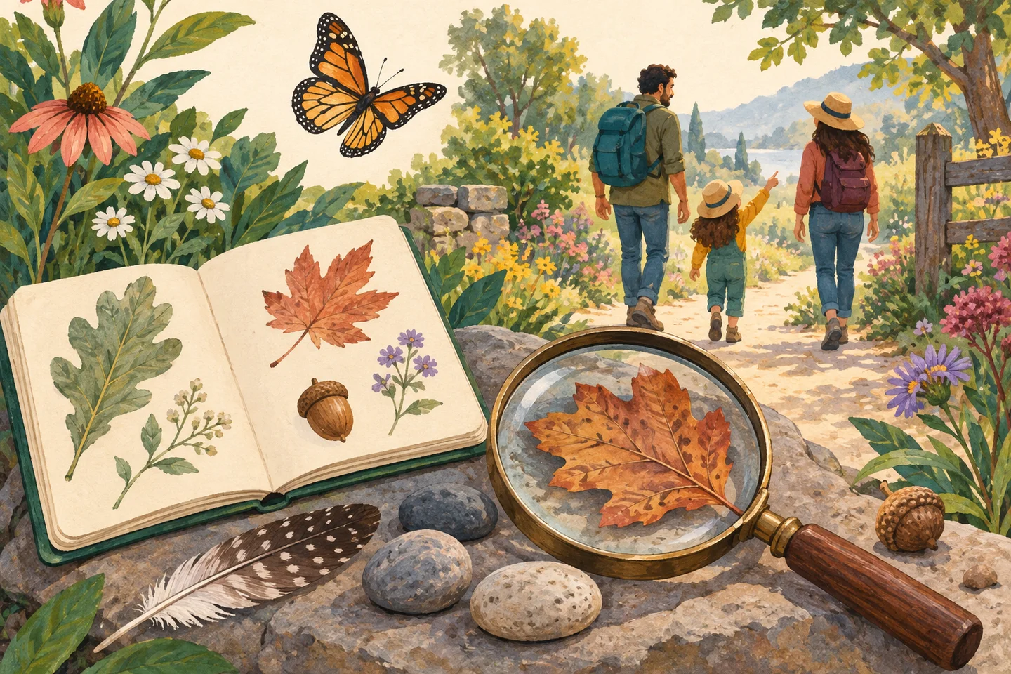 Cuaderno, lupa y hojas para descubrir la naturaleza.