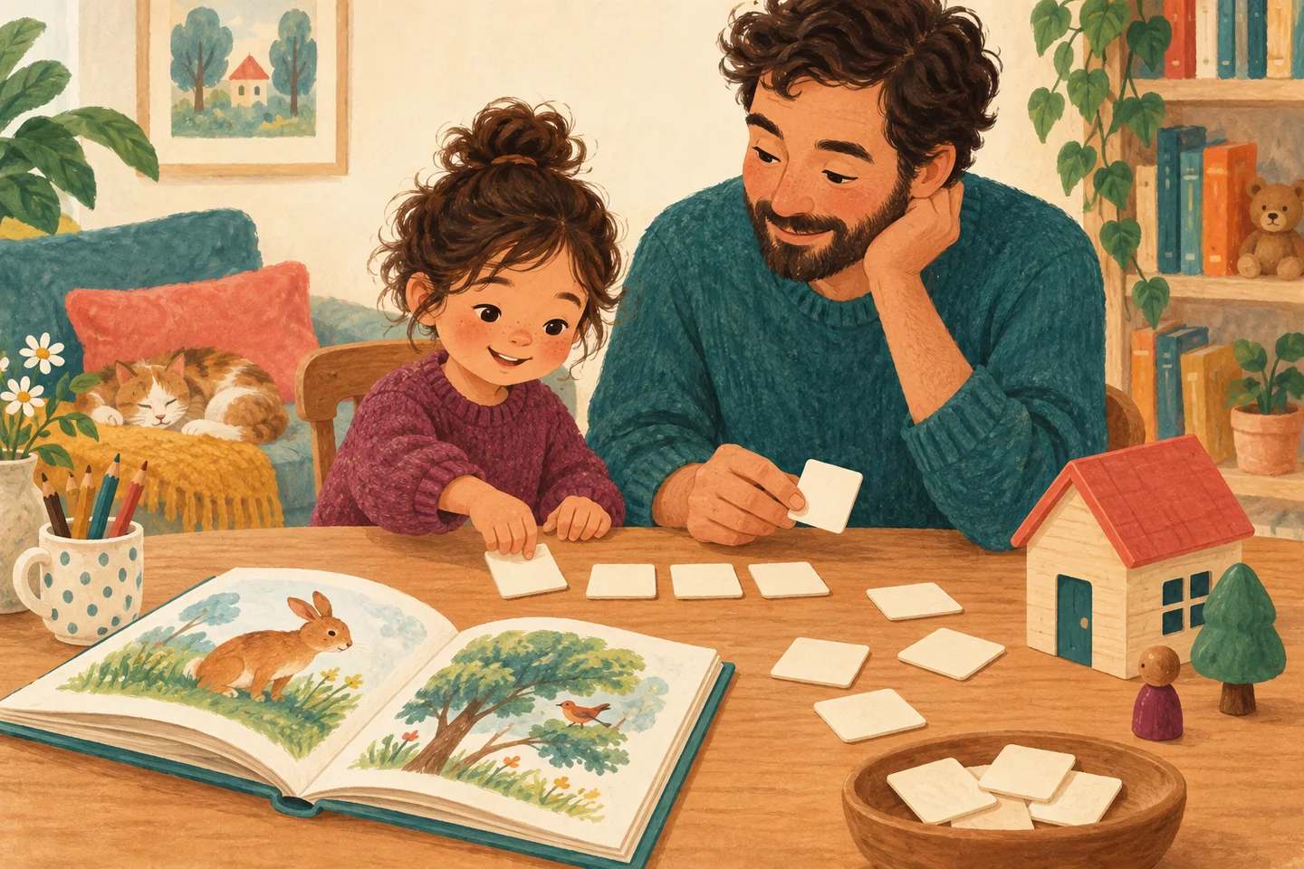 Un adulto y un niño comparten un juego de lectura en casa.