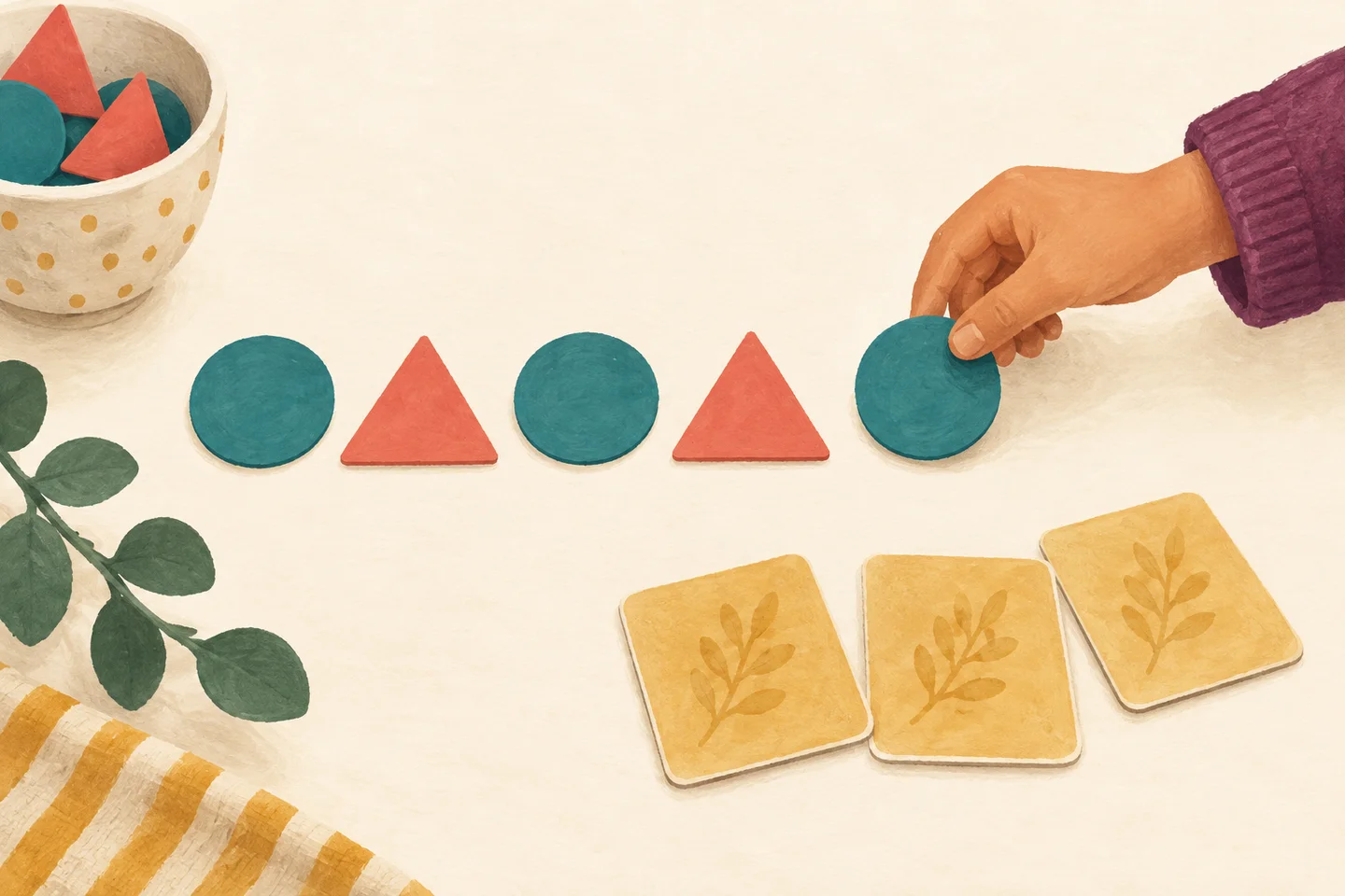 Figuras de colores para continuar patrones y practicar la memoria.
