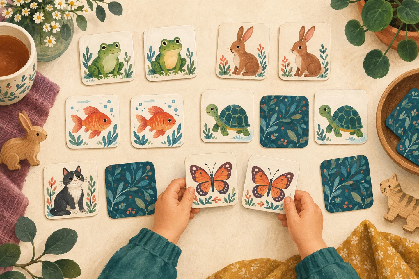 Tarjetas de parejas de animales sobre una mesa de juego.