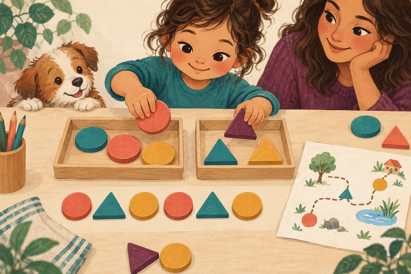 Figuras grandes clasificadas en bandejas y una serie de colores sobre la mesa.
