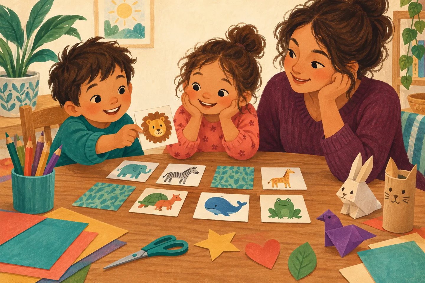 Una familia comparte juegos caseros con tarjetas y figuras de papel.