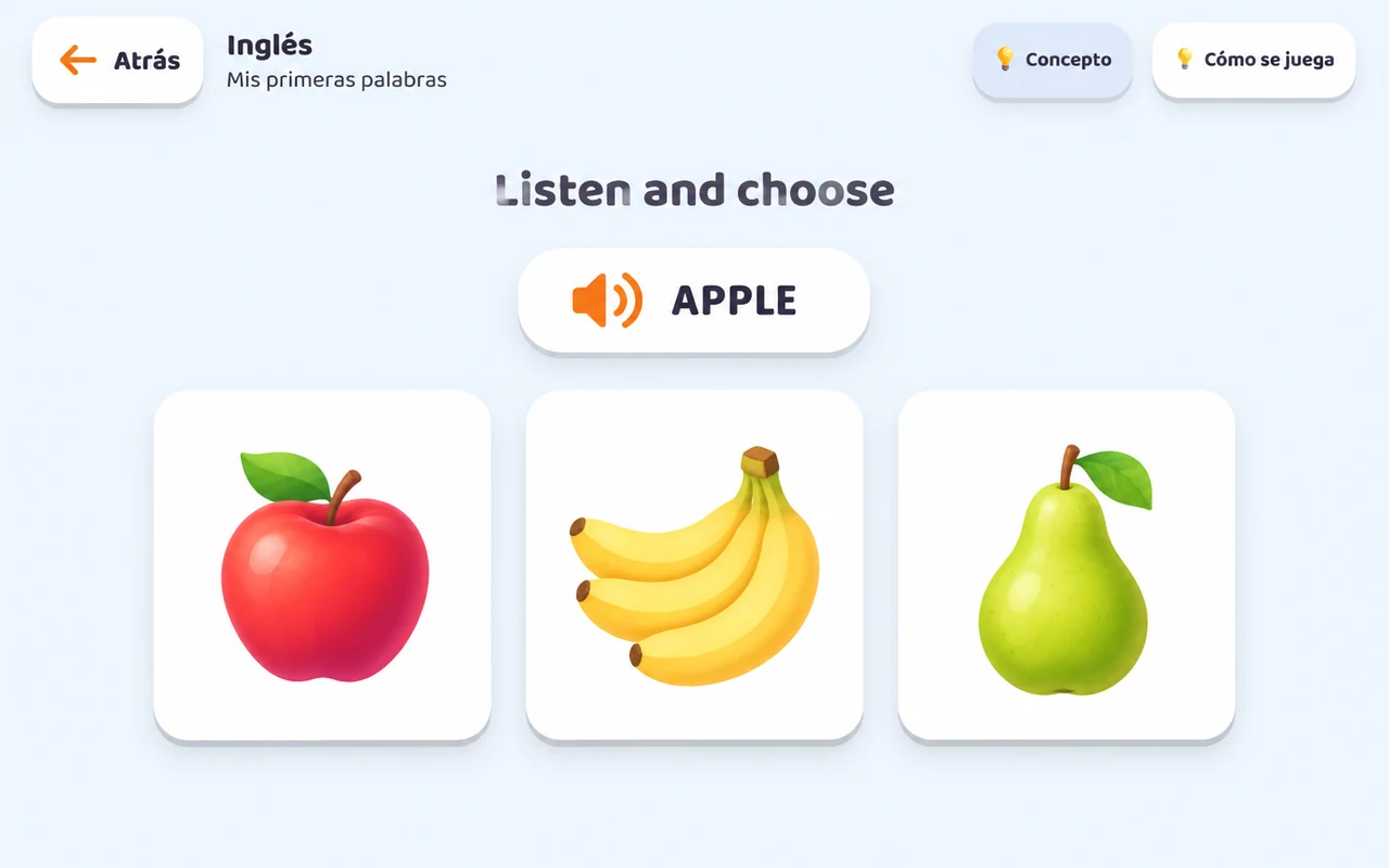 Vista conceptual de una futura actividad de KIBU: listen and choose: apple.