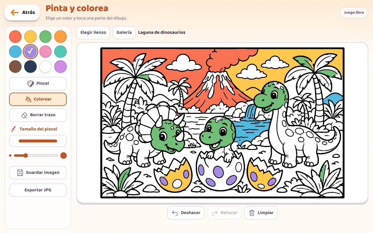 Pantalla real del juego de pintar de KIBU, con dibujo y herramientas de color.