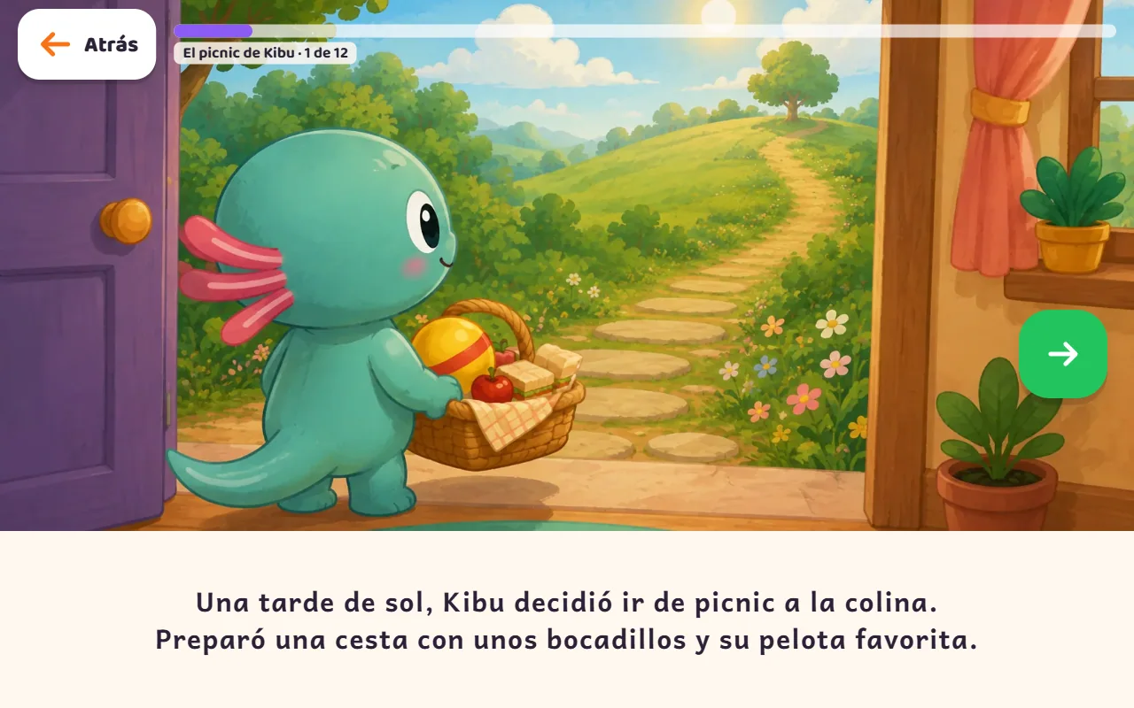 Página real de El picnic de Kibu: ilustración del cuento y texto de lectura completo debajo.