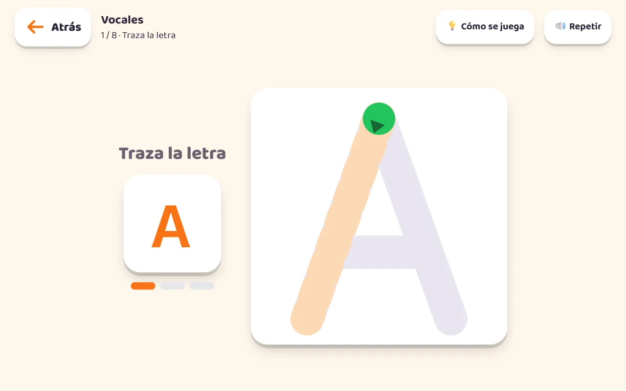 Minijuego de escritura de KIBU con la guía para trazar la letra A.
