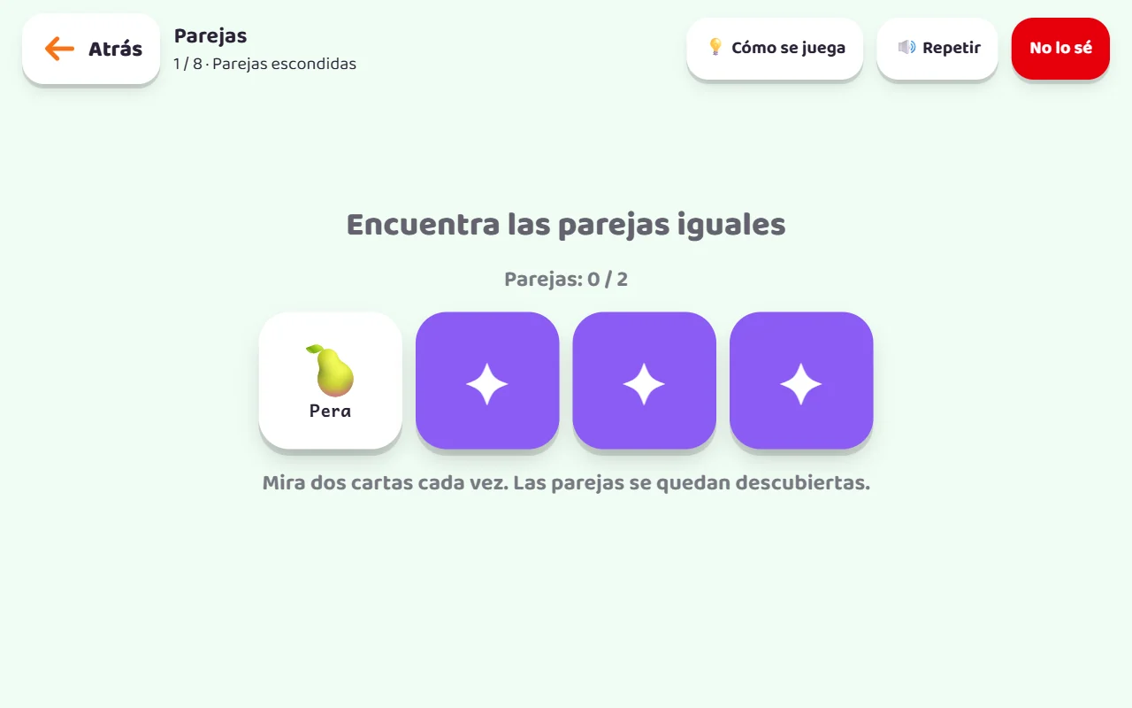 Juego real de KIBU para encontrar parejas de imágenes.