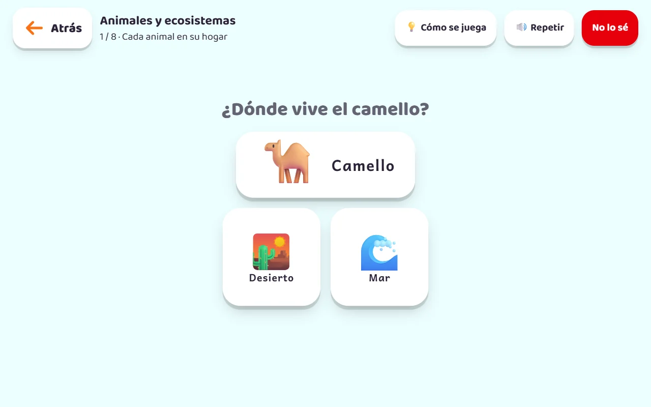Captura real de KIBU: un camello y las opciones Desierto y Mar en el juego de hábitats.