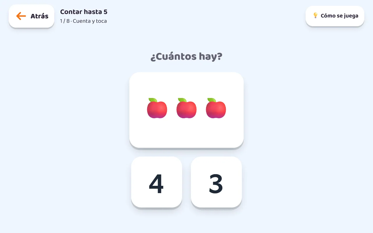 Juego real de KIBU para contar manzanas y elegir la cantidad.