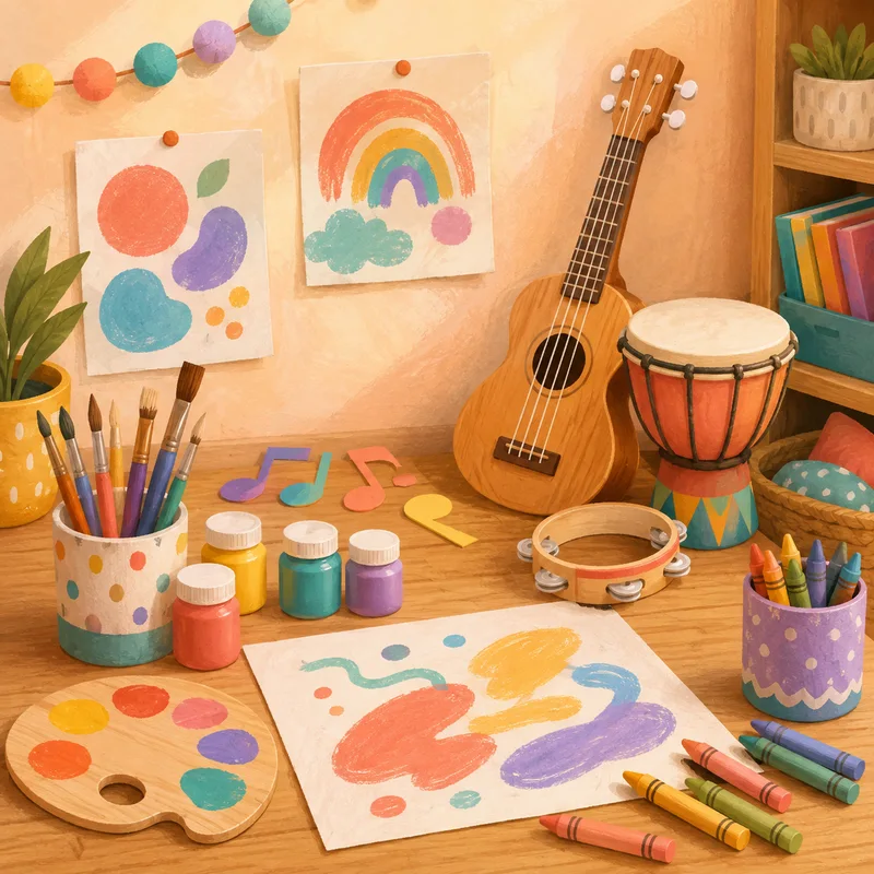 Taller de creatividad de KIBU con pinceles, pinturas, dibujos e instrumentos musicales.